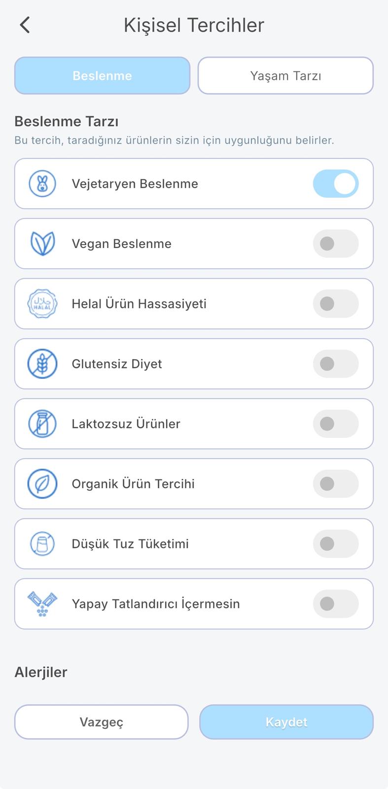 ÇabukBak Beslenme tercihleri ekranı