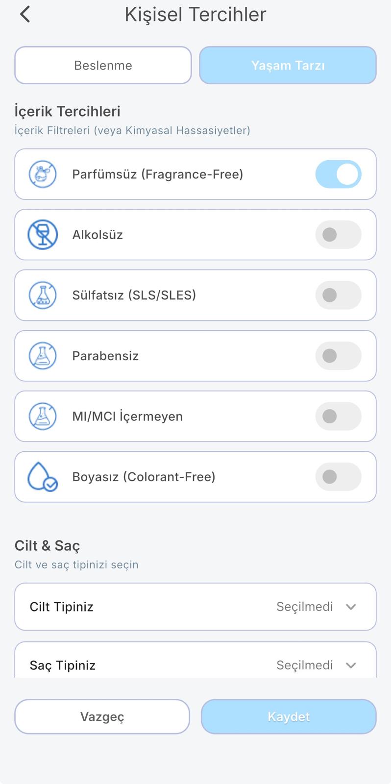 ÇabukBak Yaşam tarzı tercihleri ekranı
